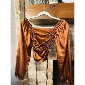 Passport Bronze Orange Cinched Side Crop Top Blouse Size XS